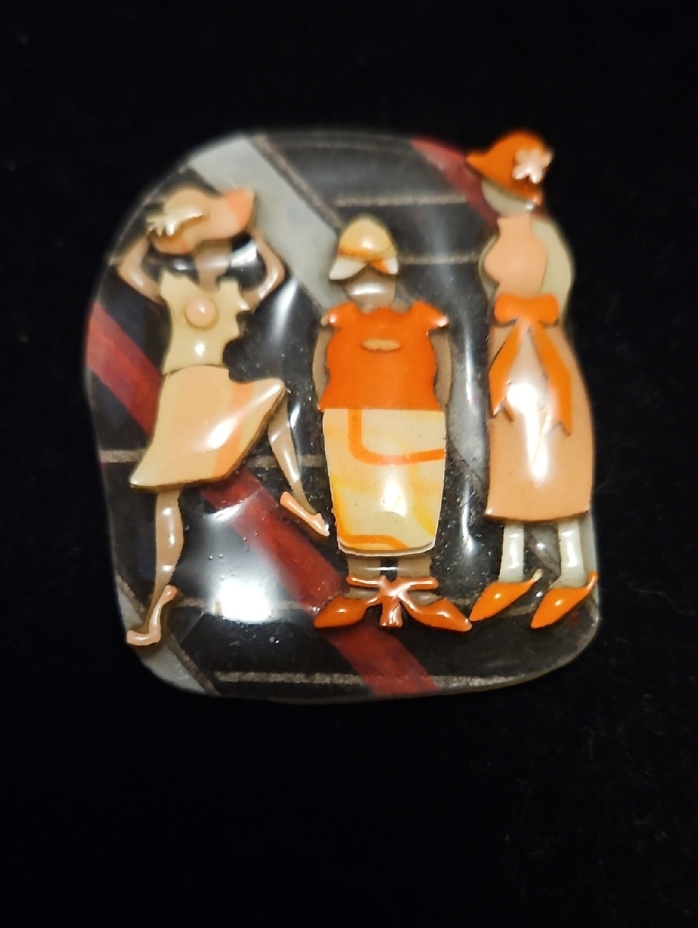 Vintage WOMAN PINS By LUCINDA Women Trio Enamel Brooch in Orange and Cream